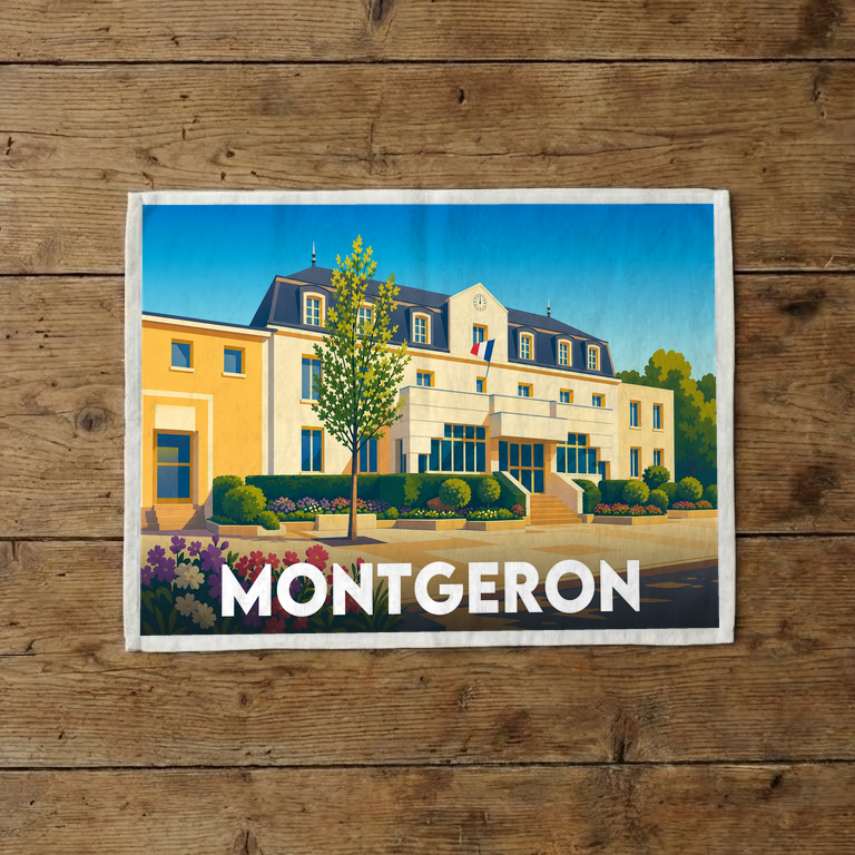 Torchon souvenir de la ville de Montgeron illustré par un dessin stylisé de son hôtel de ville.