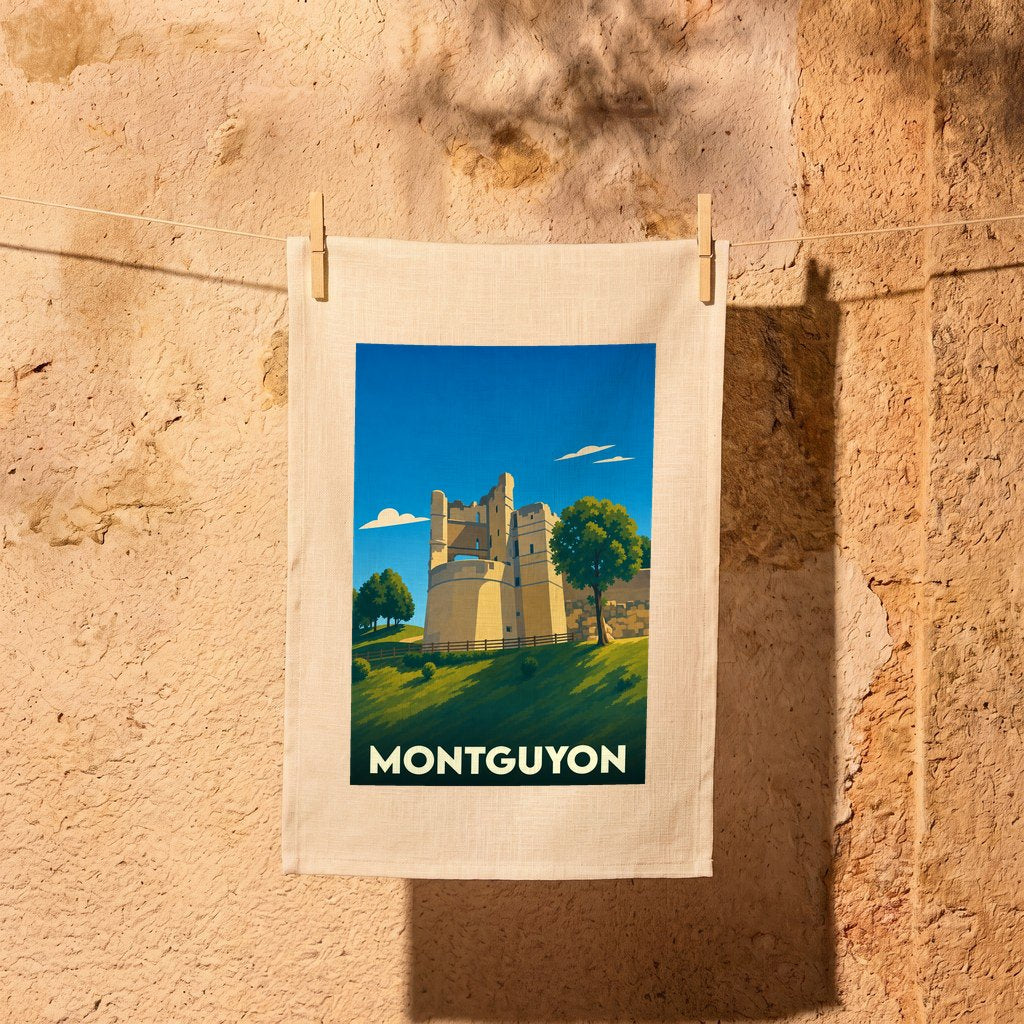 Torchon souvenir de la ville de Montguyon avec une illustration stylisée de son château médiéval.