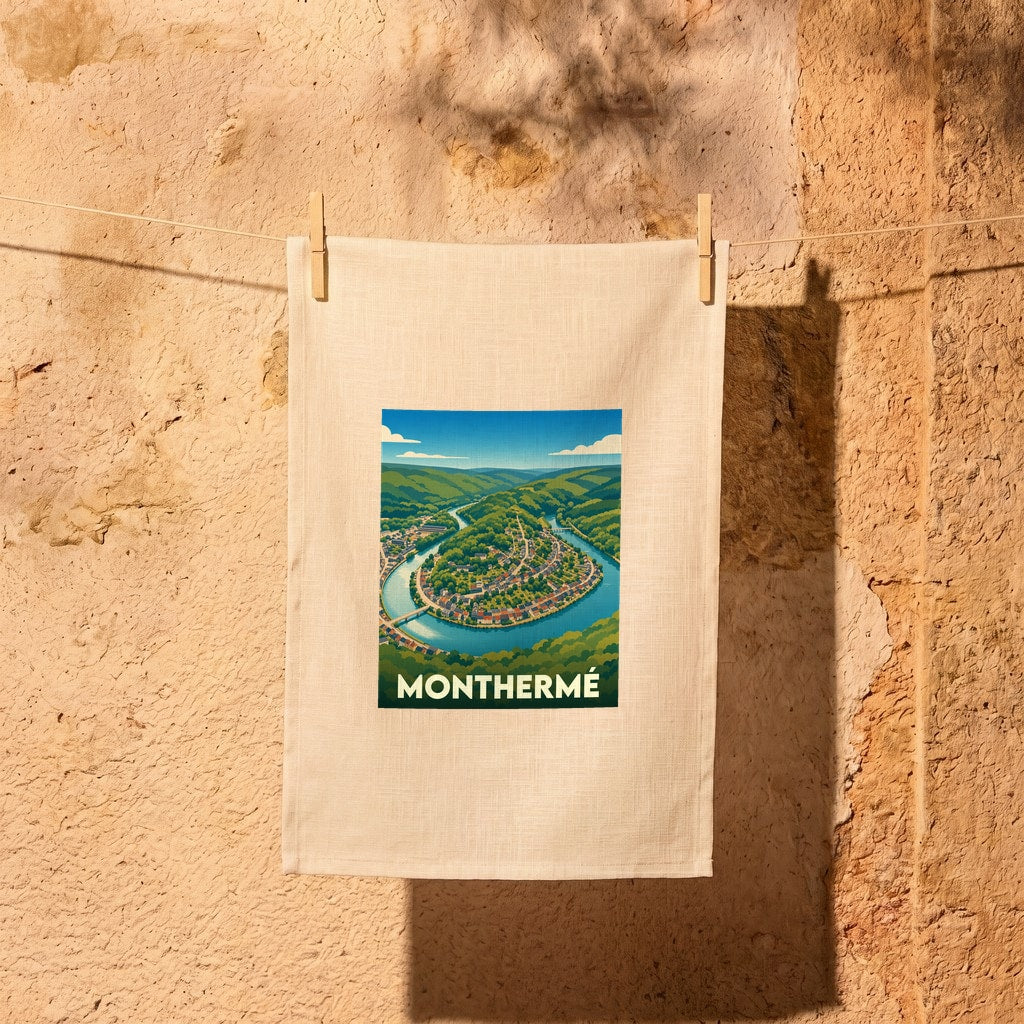 Torchon souvenir de la ville de Monthermé orné d'une illustration stylisée de la boucle de la Meuse.