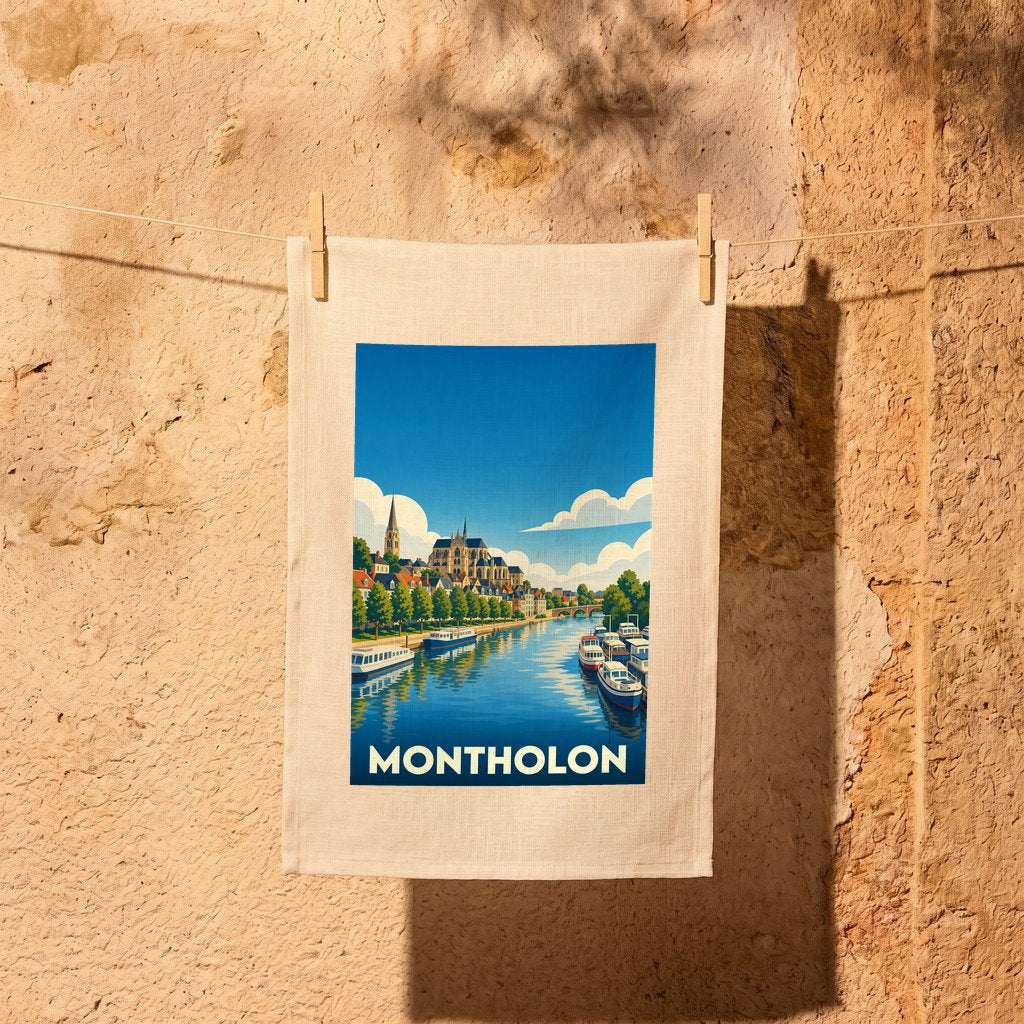 Torchon souvenir de la ville de Montholon orné d'une illustration stylisée de ses quais et de son église.