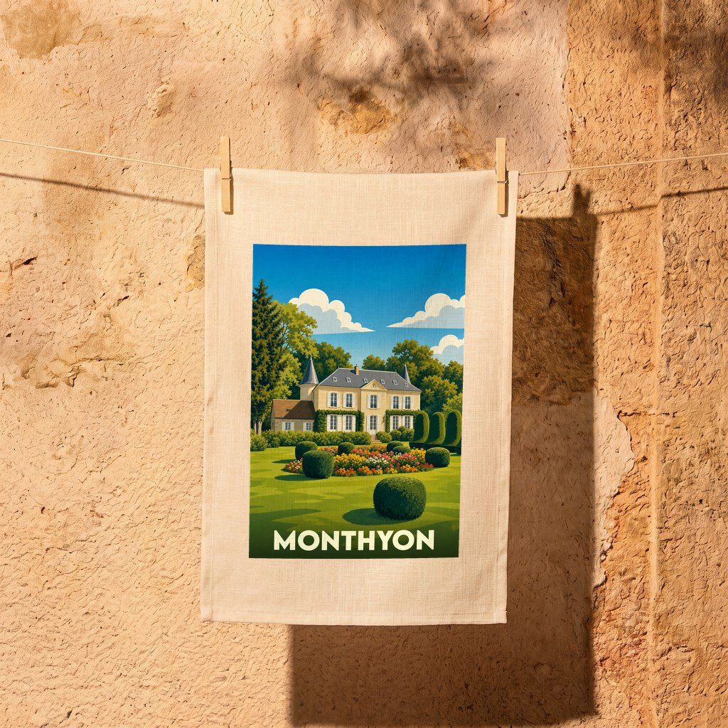 Torchon souvenir de la ville de Monthyon avec une illustration stylisée d'un manoir et de ses jardins.