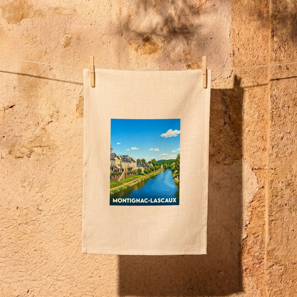 Torchon souvenir de la ville de Montignac-Lascaux avec une illustration stylisée des bords de la Vézère.