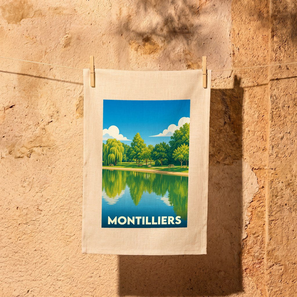 Torchon souvenir de la ville de Montilliers illustré d'un parc verdoyant au bord de l'eau.