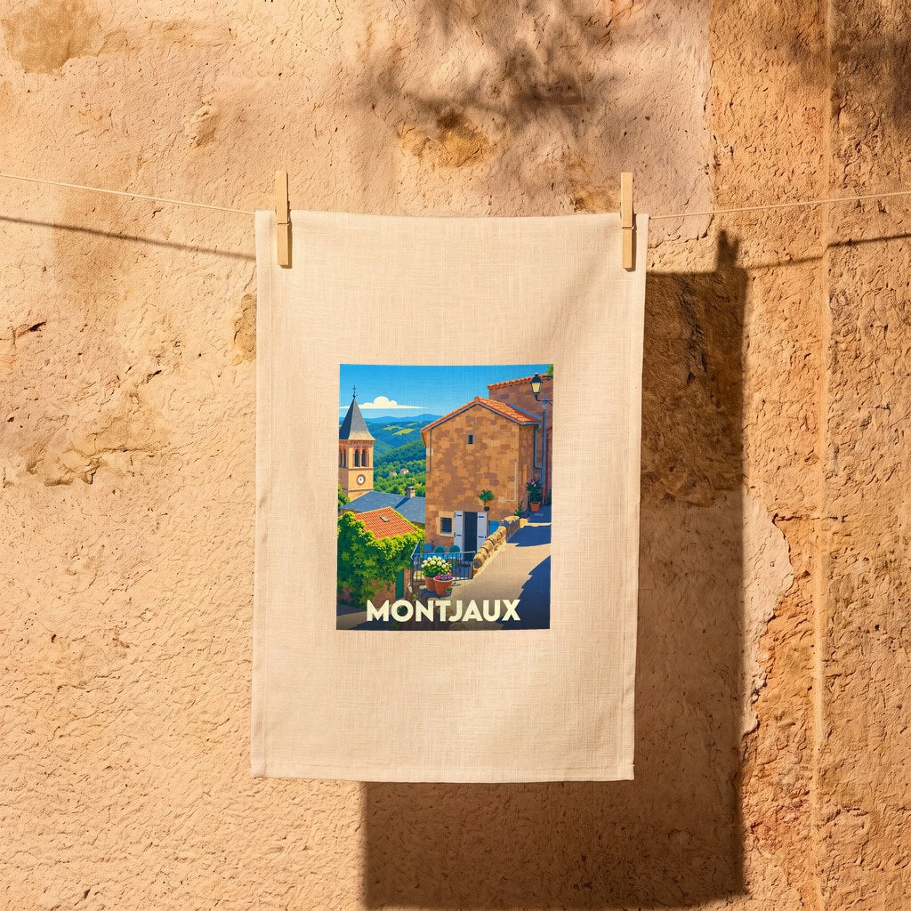 Torchon souvenir de la ville de Montjaux illustré d'un paysage de village pittoresque.