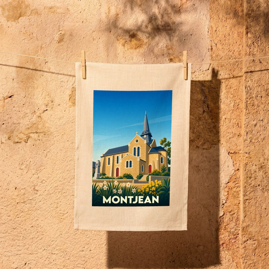 Torchon souvenir de la ville de Montjean orné d'une illustration stylisée de son église.