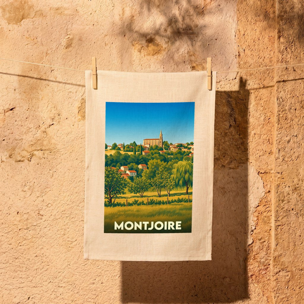 Torchon souvenir de la ville de Montjoire avec une illustration stylisée de son paysage vallonné.