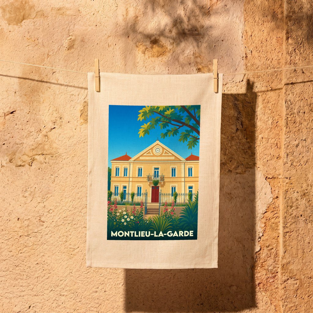 Torchon souvenir de la ville de Montlieu-la-Garde orné d'une illustration stylisée de sa mairie.