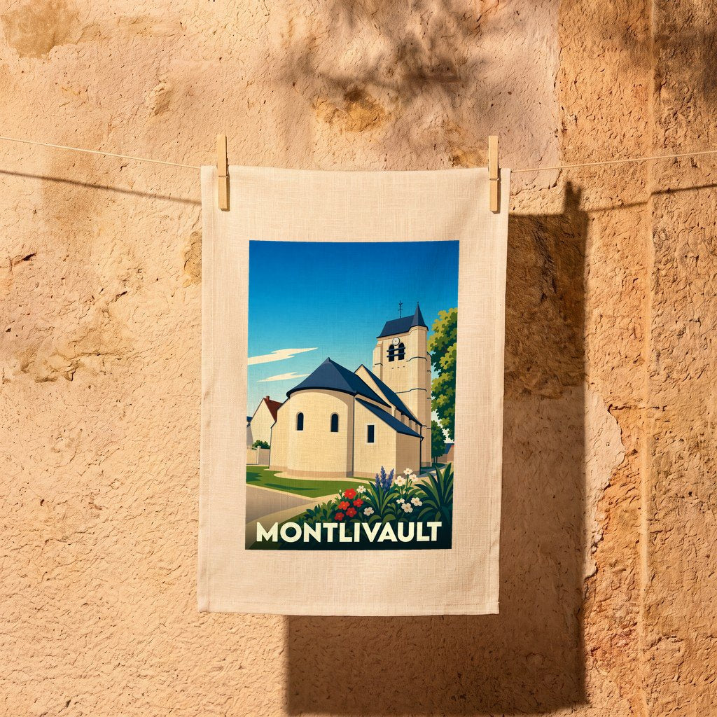 Torchon souvenir de la ville de Montlivault illustré d'une église de style vintage.
