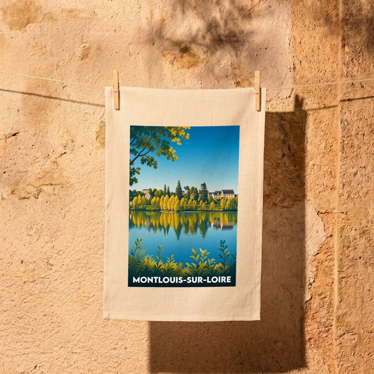 Torchon souvenir de la ville de Montlouis-sur-Loire avec une illustration stylisée des bords de Loire.