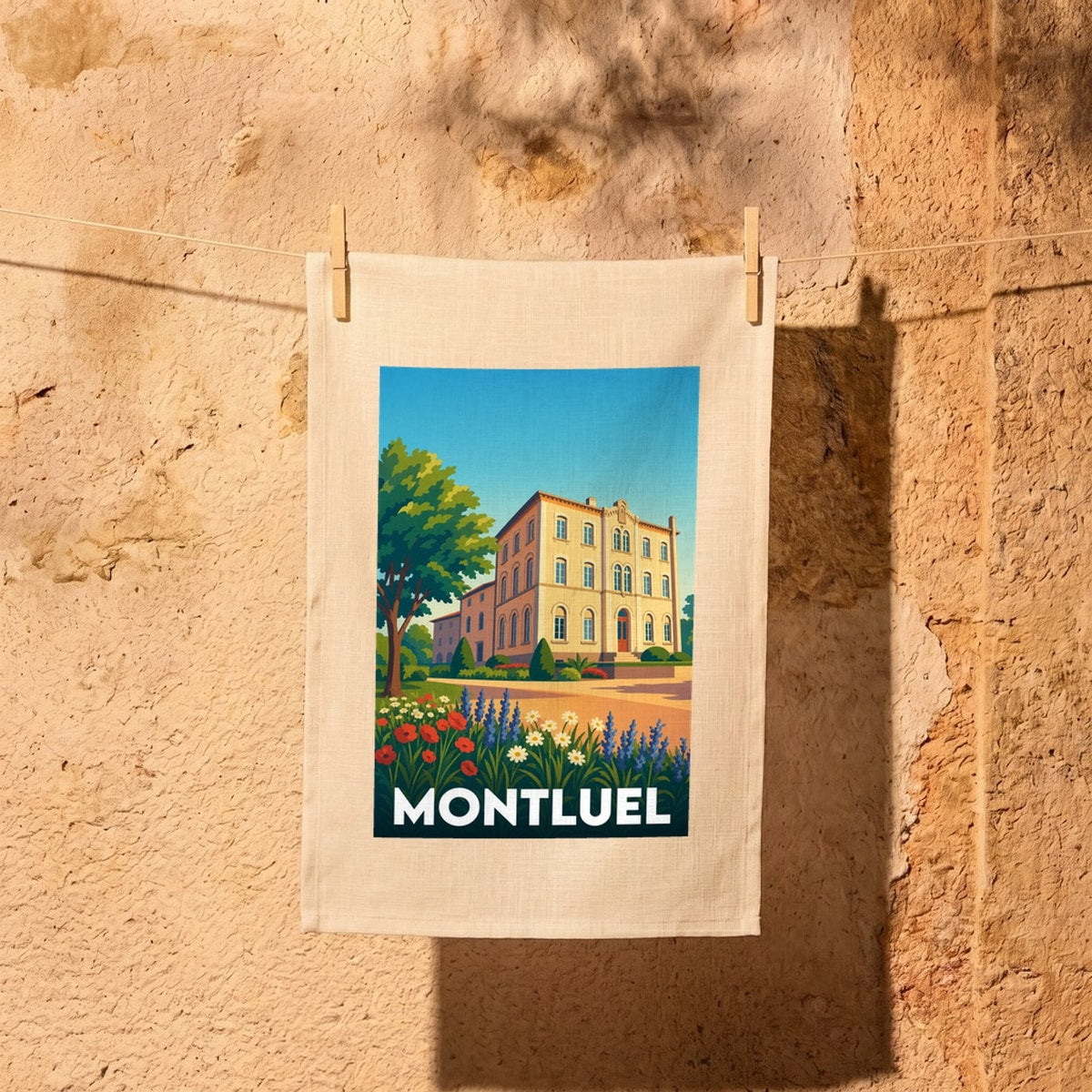 Torchon souvenir de la ville de Montluel avec une illustration stylisée d'un bâtiment historique et son jardin.