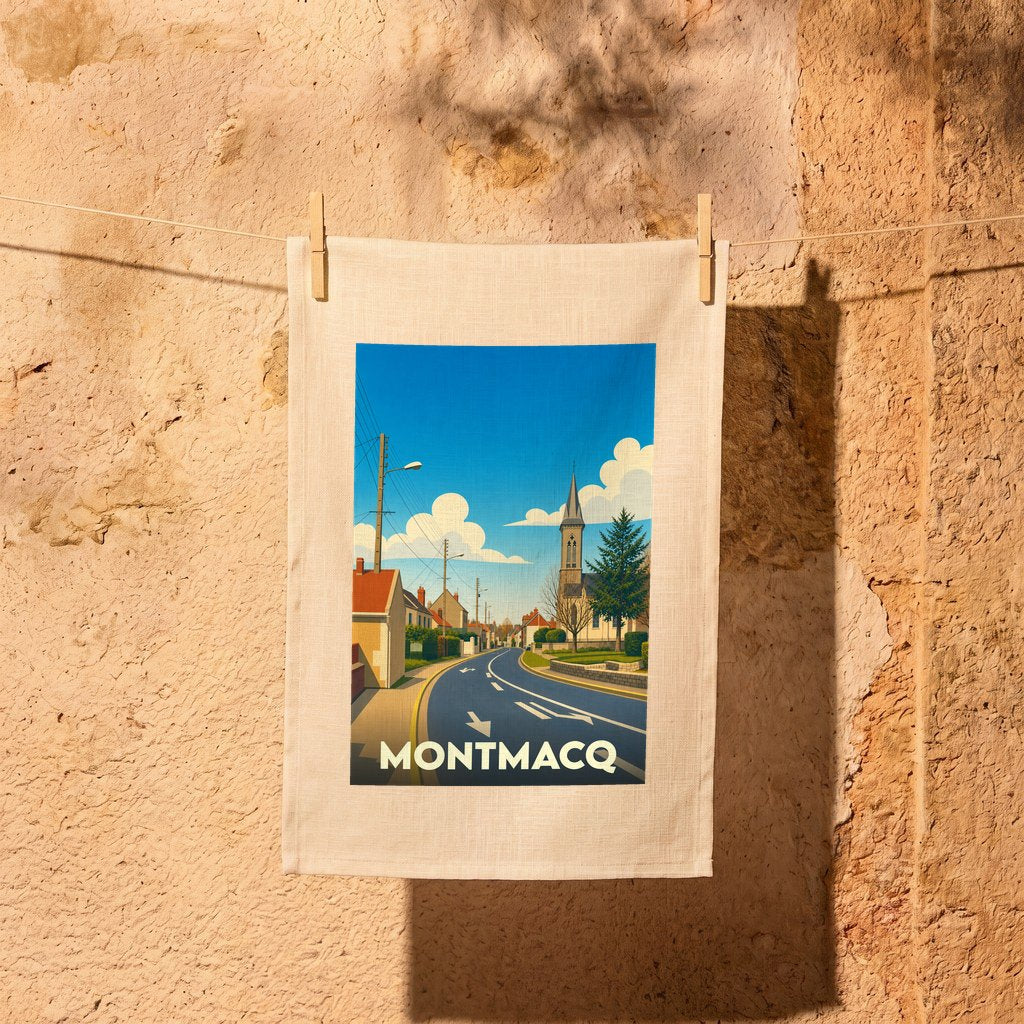 Torchon souvenir de la ville de Montmacq avec une illustration stylisée d'une rue typique et son église.