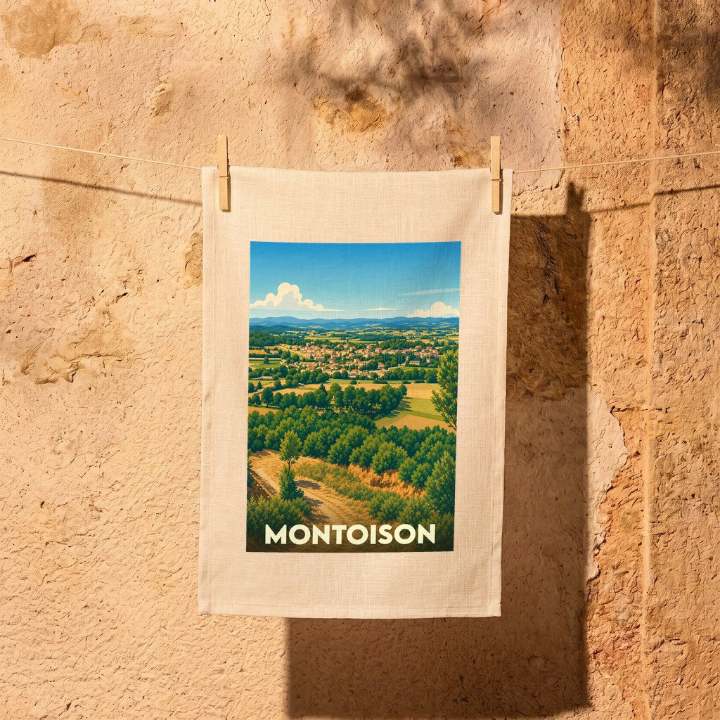 Torchon souvenir de la ville de Montoison avec une illustration stylisée de son paysage rural.