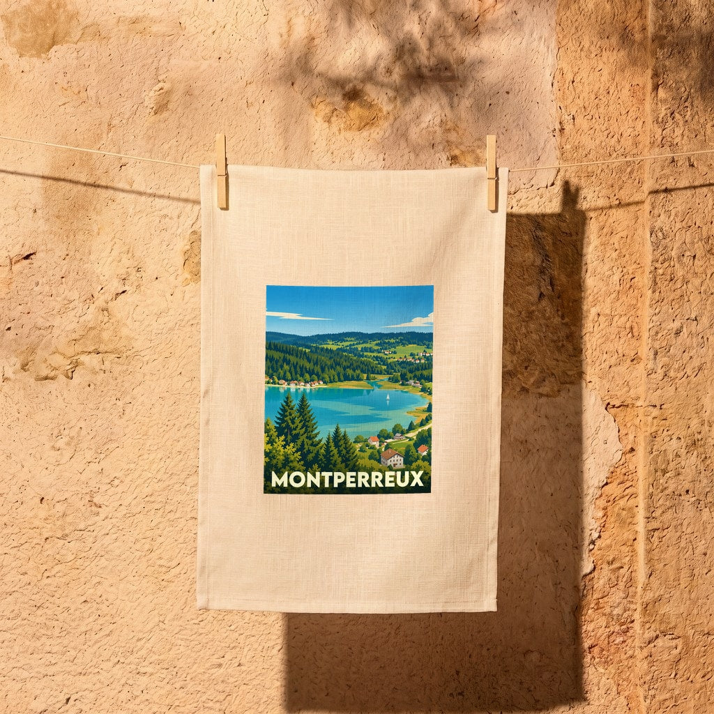 Torchon souvenir de la ville de Montperreux avec une illustration stylisée.