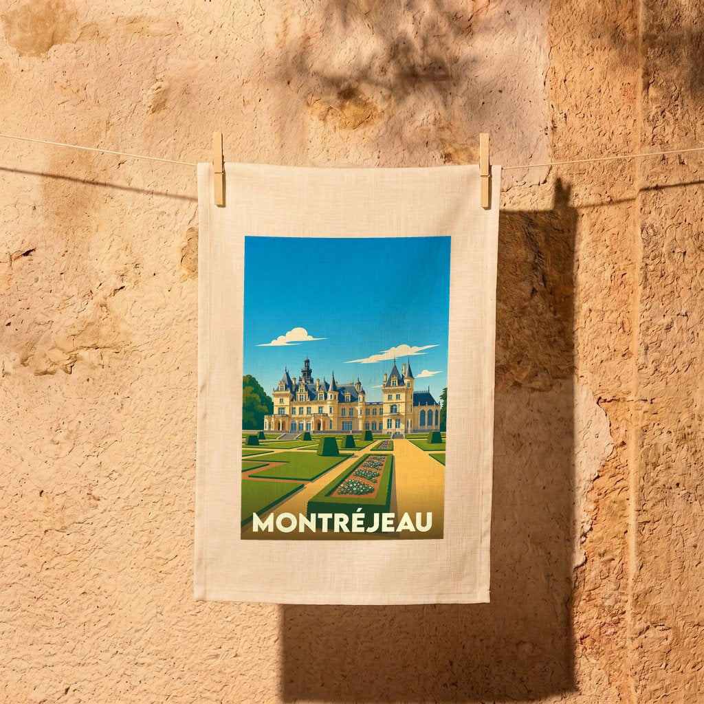 Torchon souvenir de la ville de Montréjeau avec une illustration stylisée d'un château et de ses jardins.