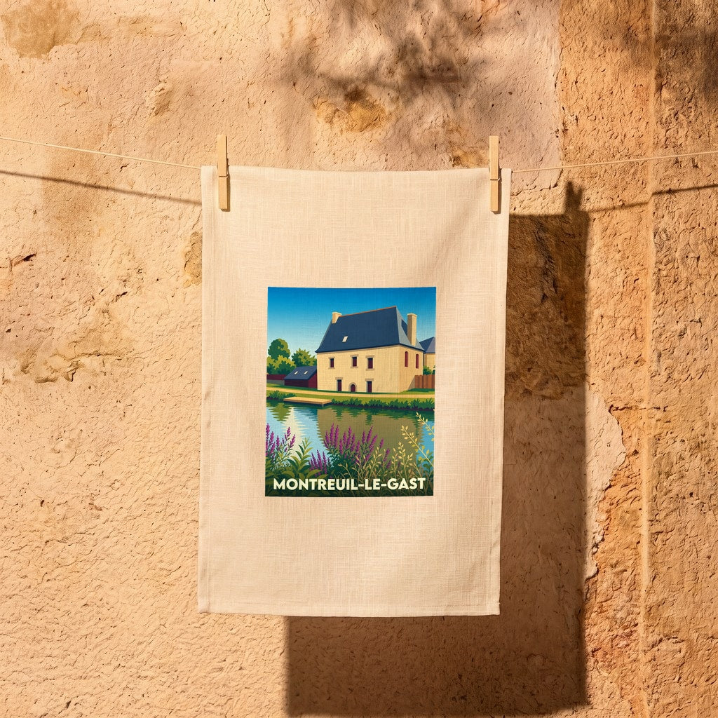 Torchon souvenir de la ville de Montreuil-le-Gast avec une illustration stylisée.