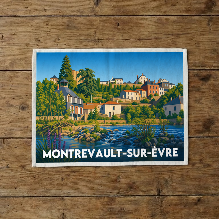 Torchon souvenir de la ville de Montrevault-sur-Èvre avec une illustration stylisée d'un paysage urbain au bord de l'eau.