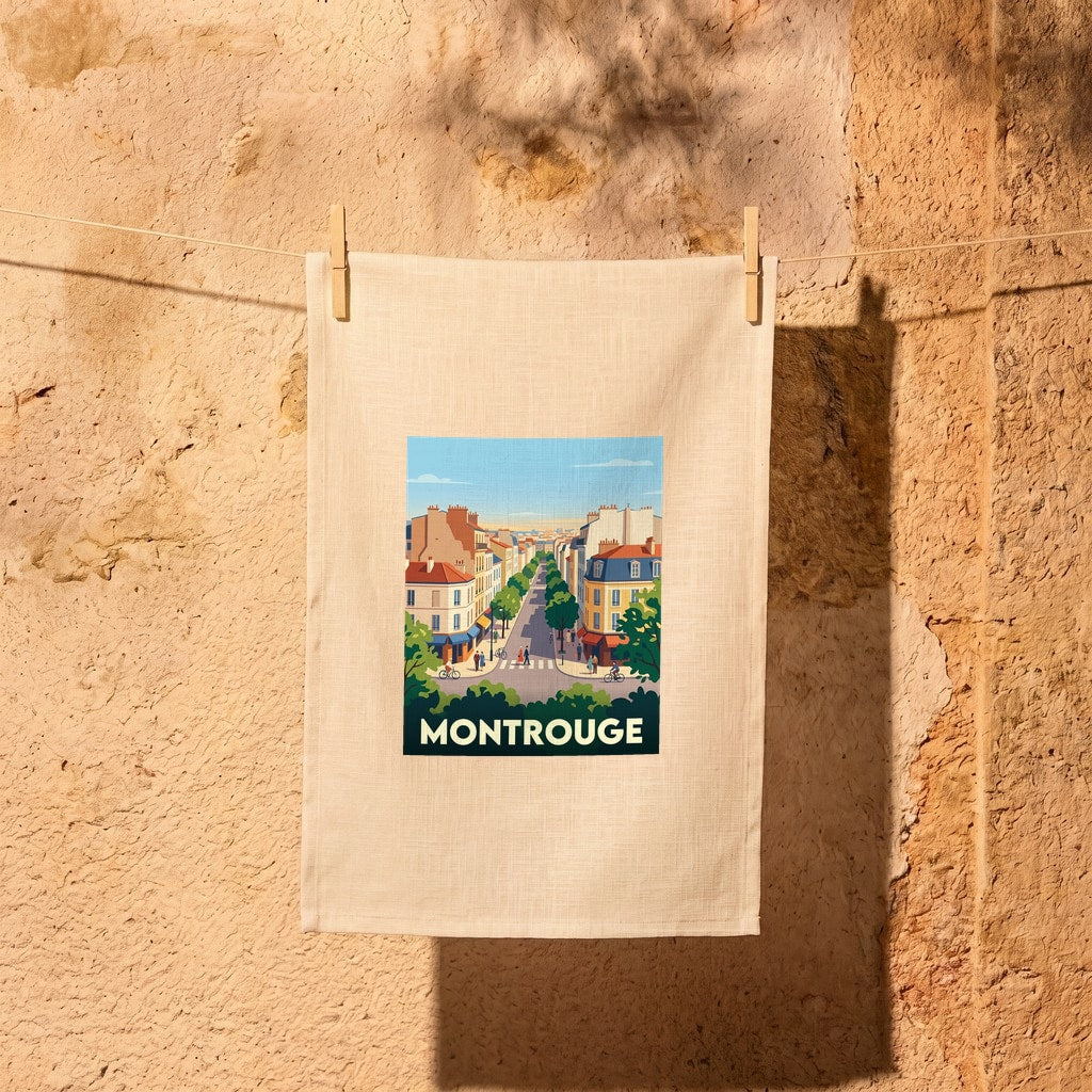 Torchon souvenir de la ville de Montrouge avec une illustration urbaine stylisée.