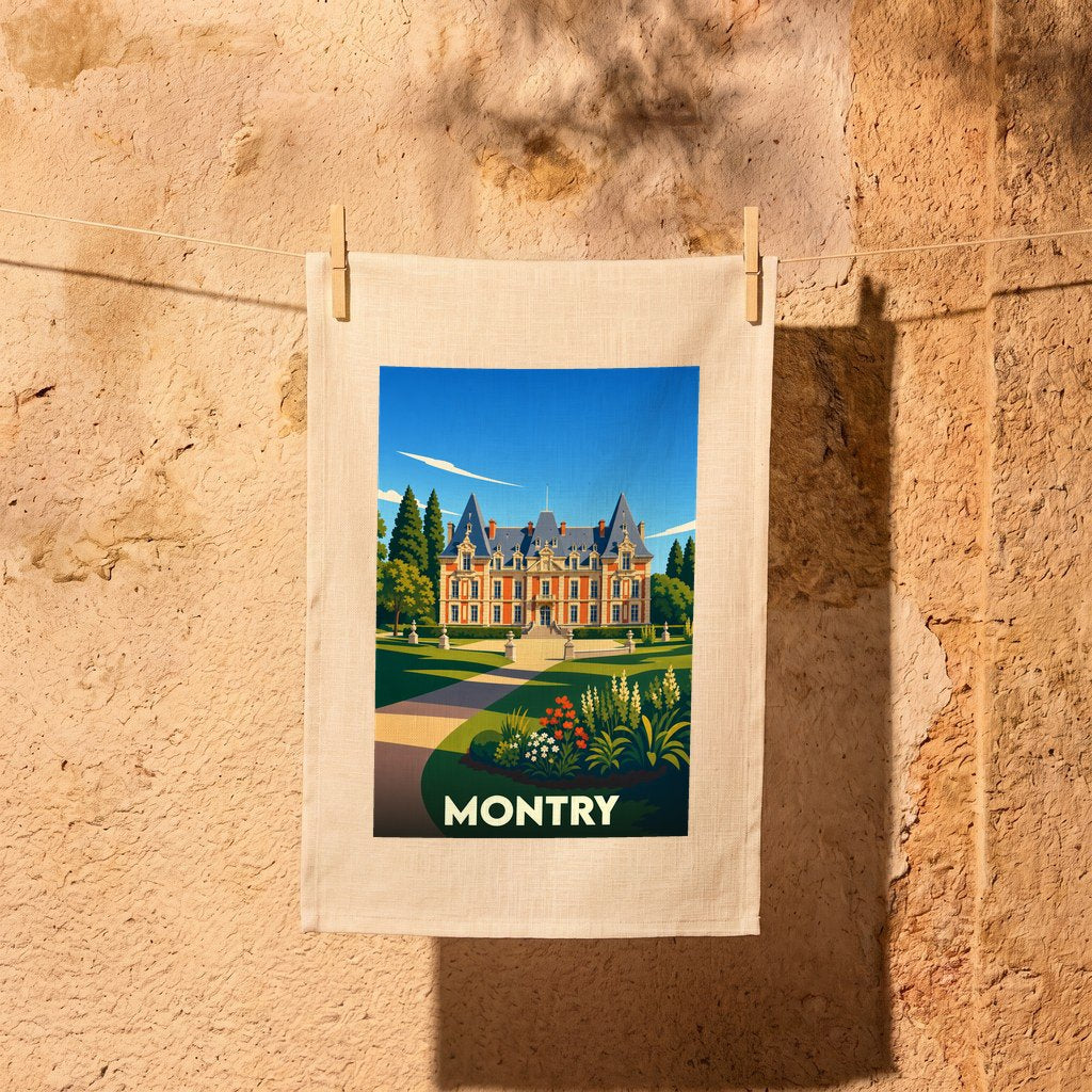Torchon souvenir de la ville de Montry illustré d’un château de style classique sous un ciel bleu.