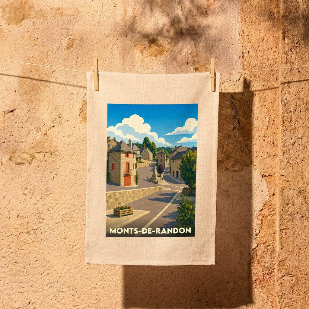 Torchon souvenir de la ville de Monts-de-Randon avec une illustration stylisée.