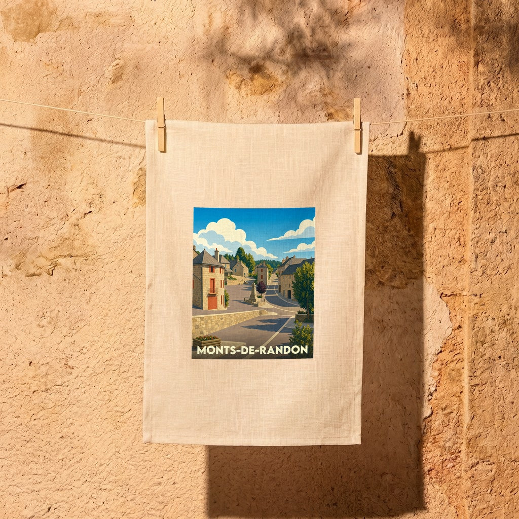Torchon souvenir de la ville de Monts-de-Randon avec une illustration stylisée.