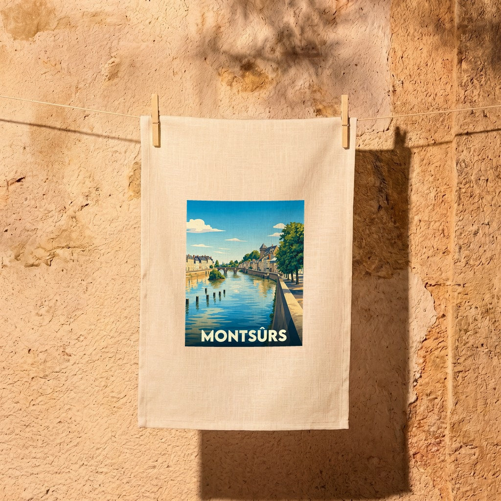 Torchon souvenir de la ville de Montsûrs orné d'une illustration stylisée représentant les bords de la Jouanne.