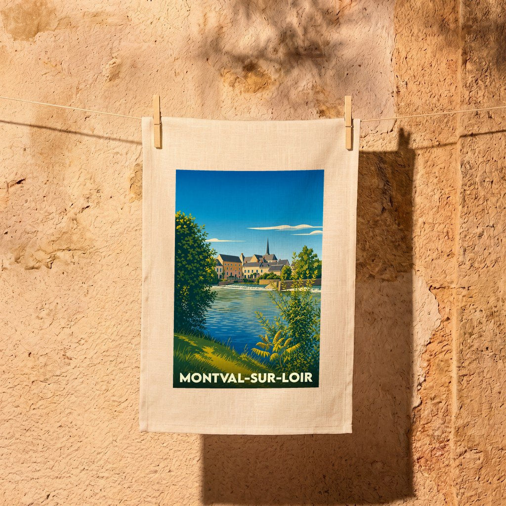 Torchon souvenir de la ville de Montval-sur-Loir avec une illustration stylisée des bords du Loir.