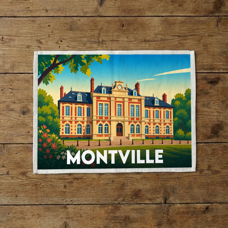 Torchon souvenir de la ville de Montville avec une illustration stylisée.
