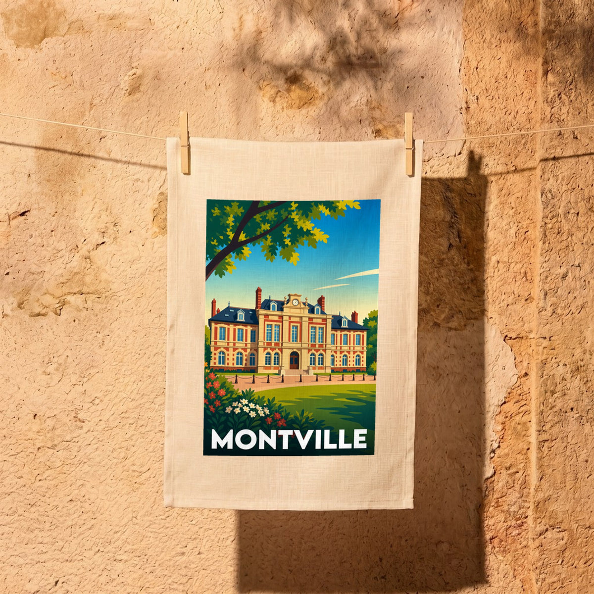Torchon souvenir de la ville de Montville avec une illustration stylisée.