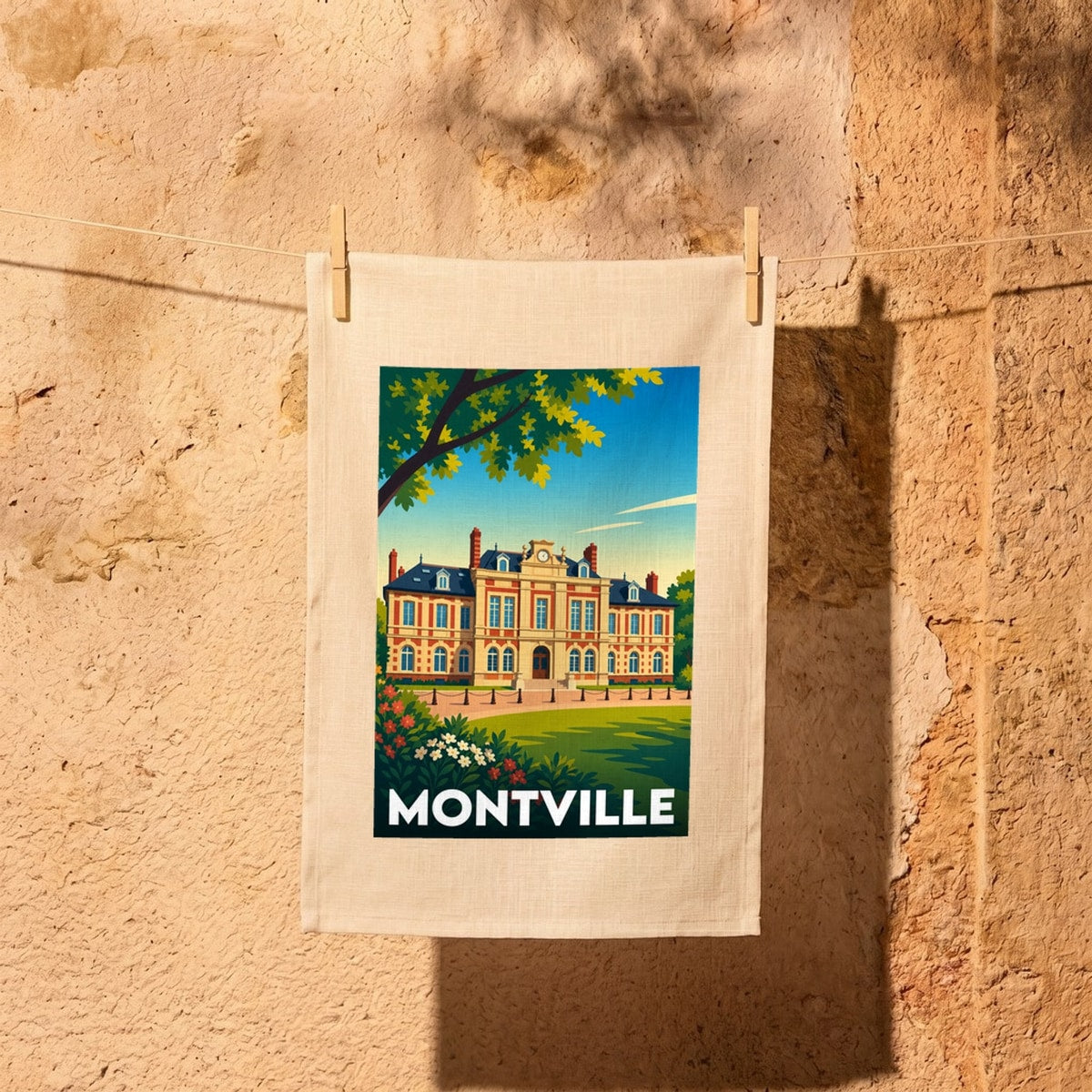 Torchon souvenir de la ville de Montville avec une illustration stylisée.