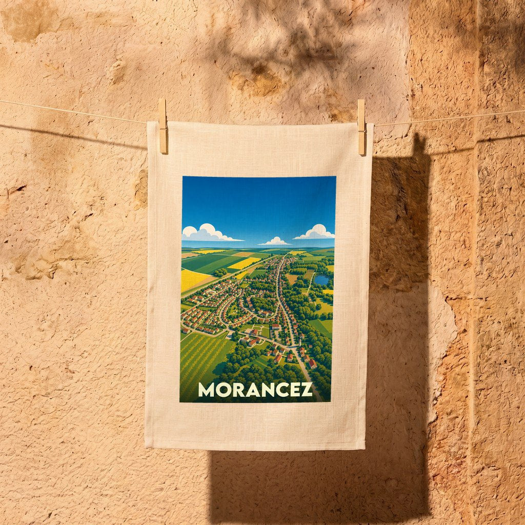 Torchon souvenir de la ville de Morancez avec une illustration paysagère stylisée.