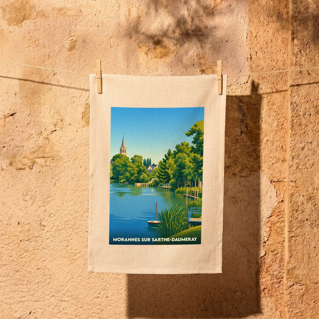 Torchon souvenir de la commune de Morannes sur Sarthe-Daumeray avec une illustration paysagère stylisée.