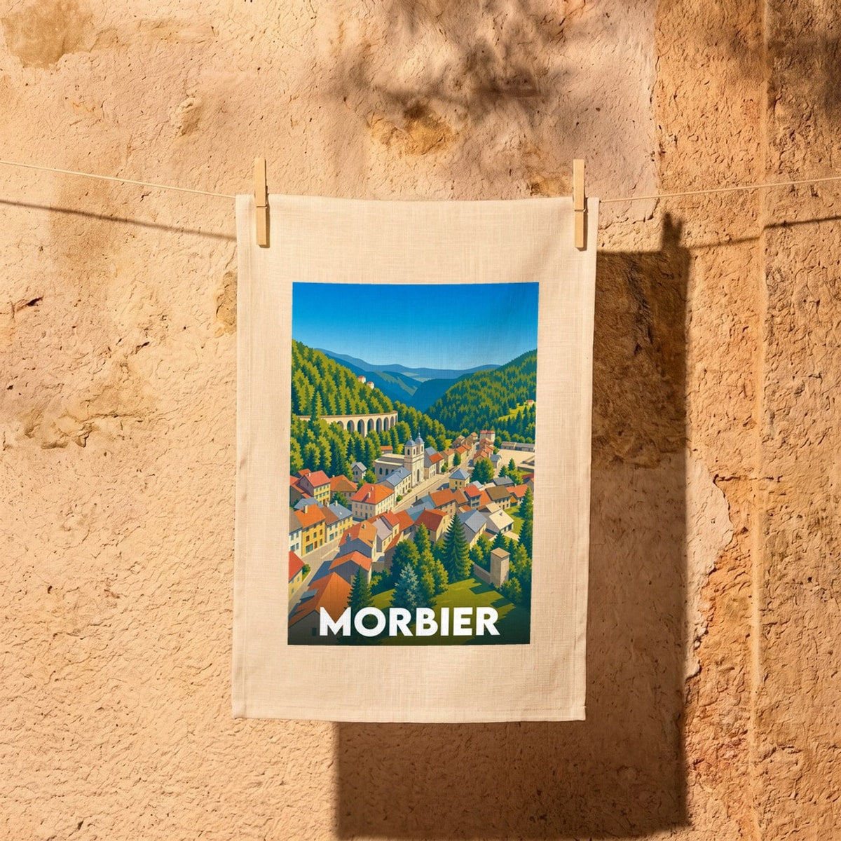 Torchon souvenir de la ville de Morbier avec une illustration stylisée du village et de ses montagnes.