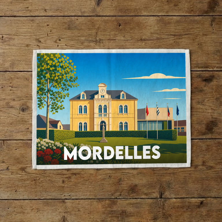 Torchon souvenir de la ville de Mordelles avec une illustration stylisée de son hôtel de ville.