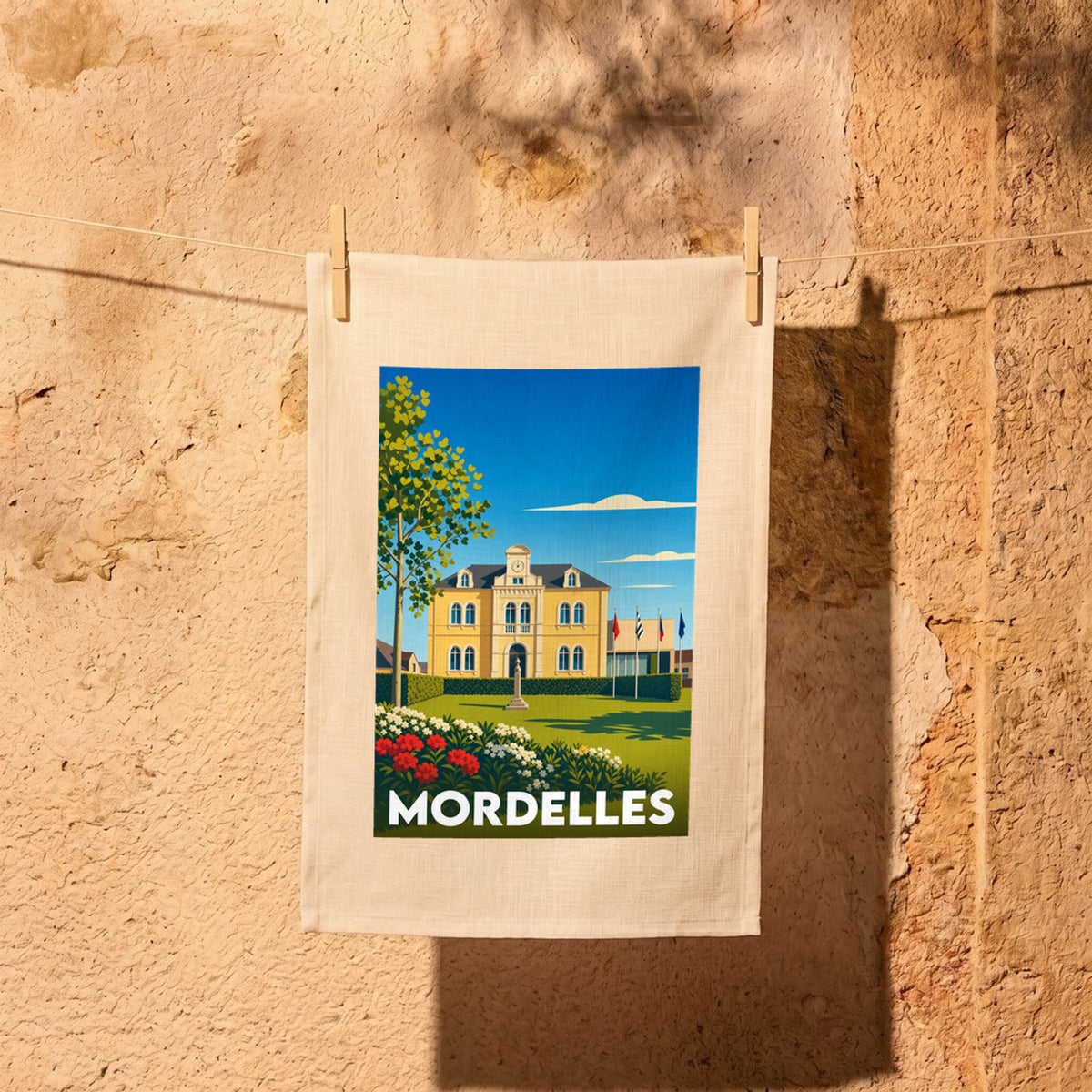 Torchon souvenir de la ville de Mordelles avec une illustration stylisée de son hôtel de ville.
