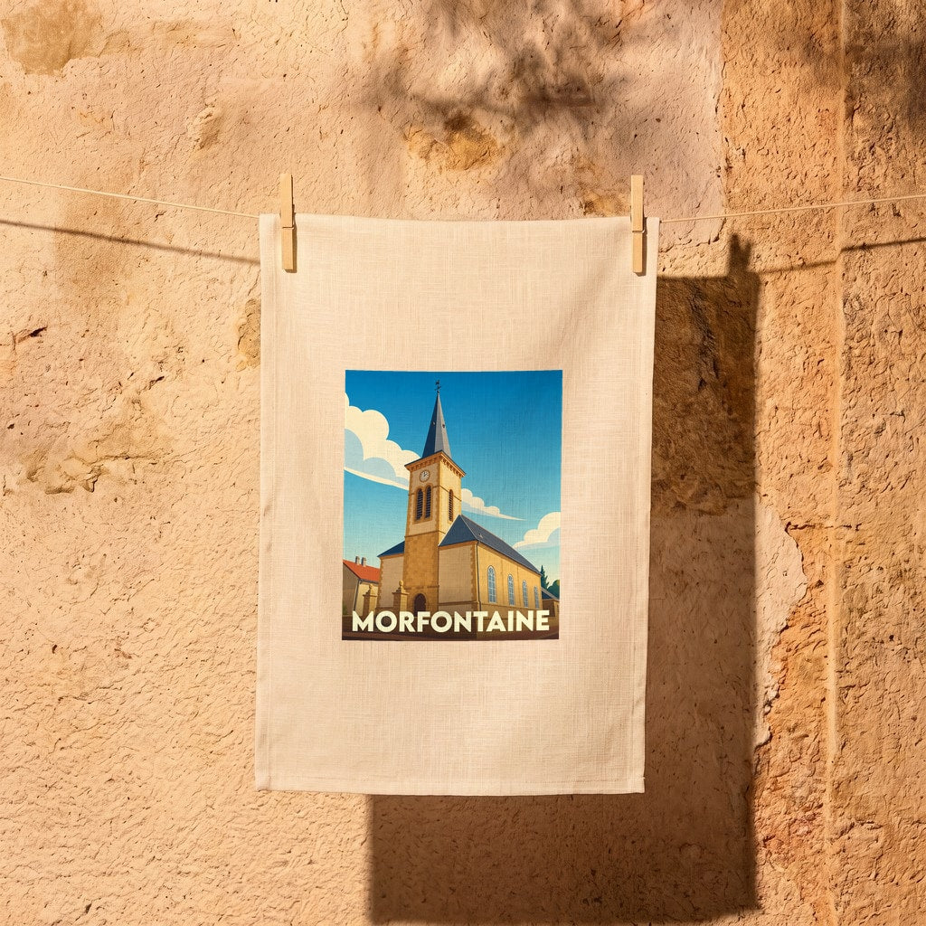 Torchon souvenir de la ville de Morfontaine avec une illustration stylisée de son église.