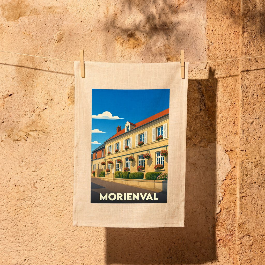 Torchon souvenir de la ville de Morienval avec une illustration stylisée d'une bâtisse fleurie.