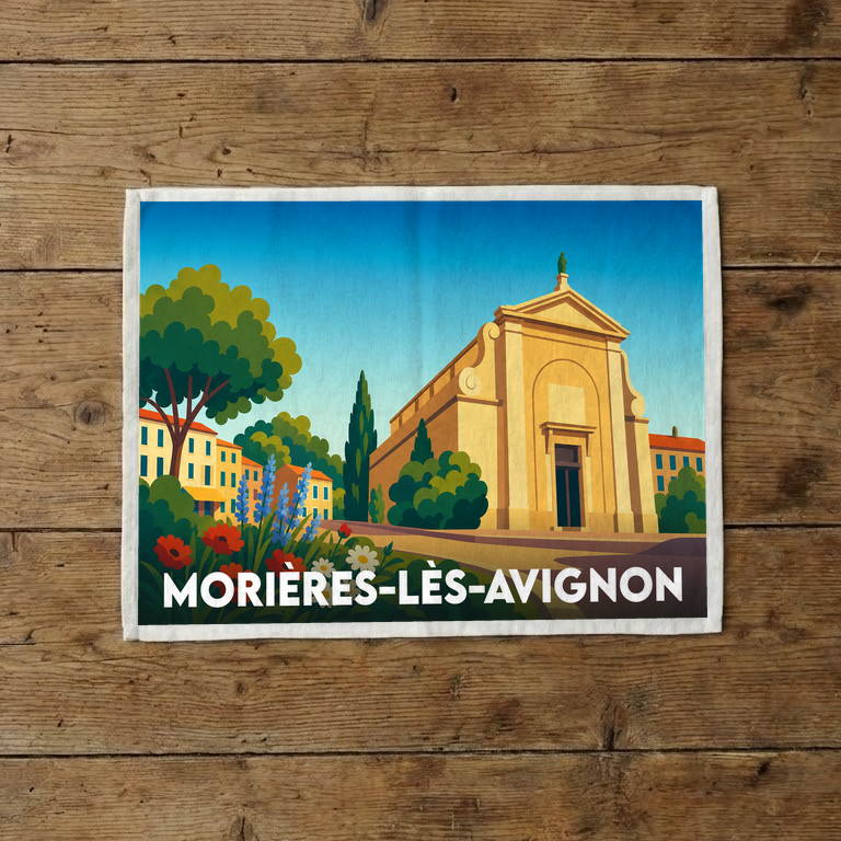 Torchon souvenir de la ville de Morières-lès-Avignon avec une illustration stylisée de son église sous un ciel bleu.