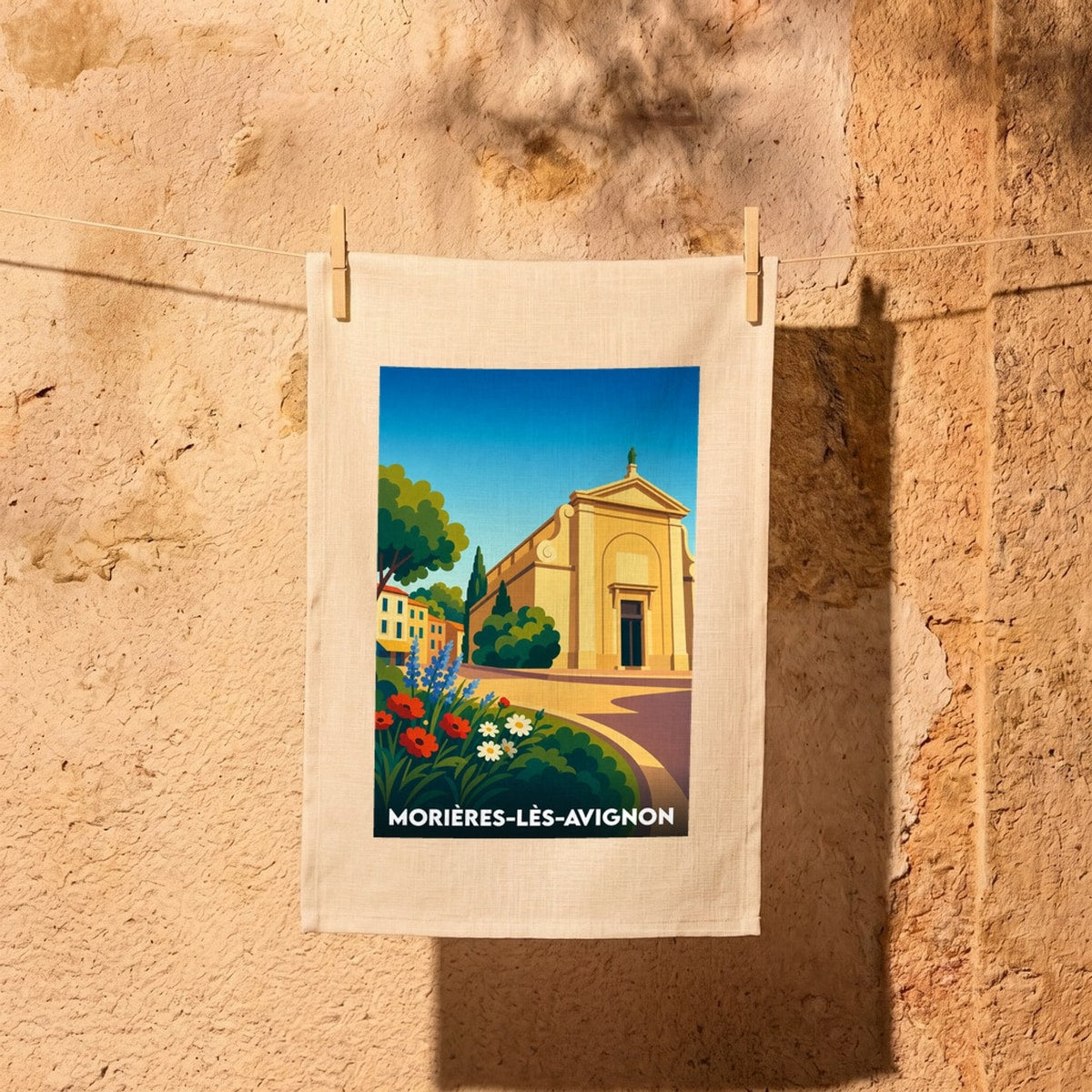 Torchon souvenir de la ville de Morières-lès-Avignon avec une illustration stylisée de son église sous un ciel bleu.