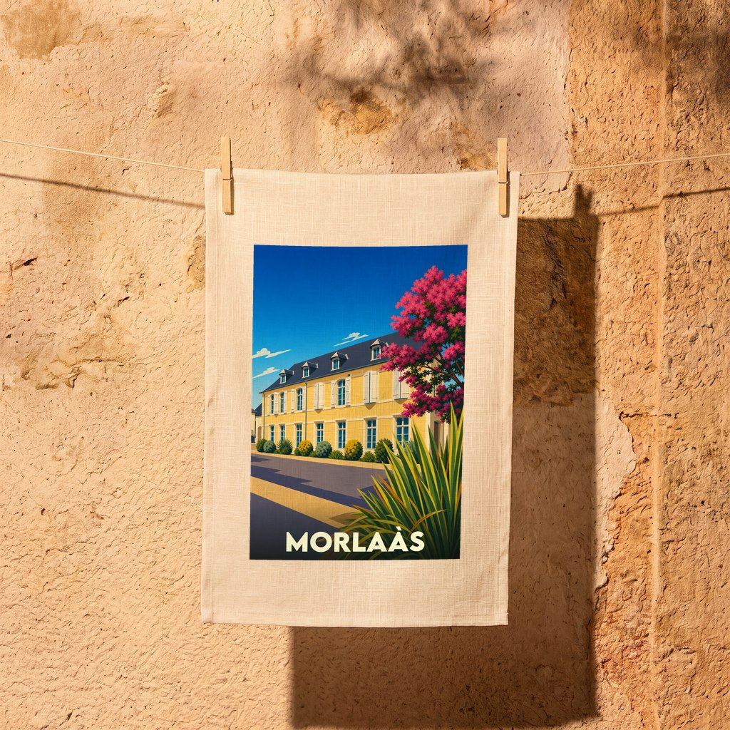 Torchon souvenir de la ville de Morlaàs avec une illustration stylisée d'un bâtiment jaune sous un ciel bleu.
