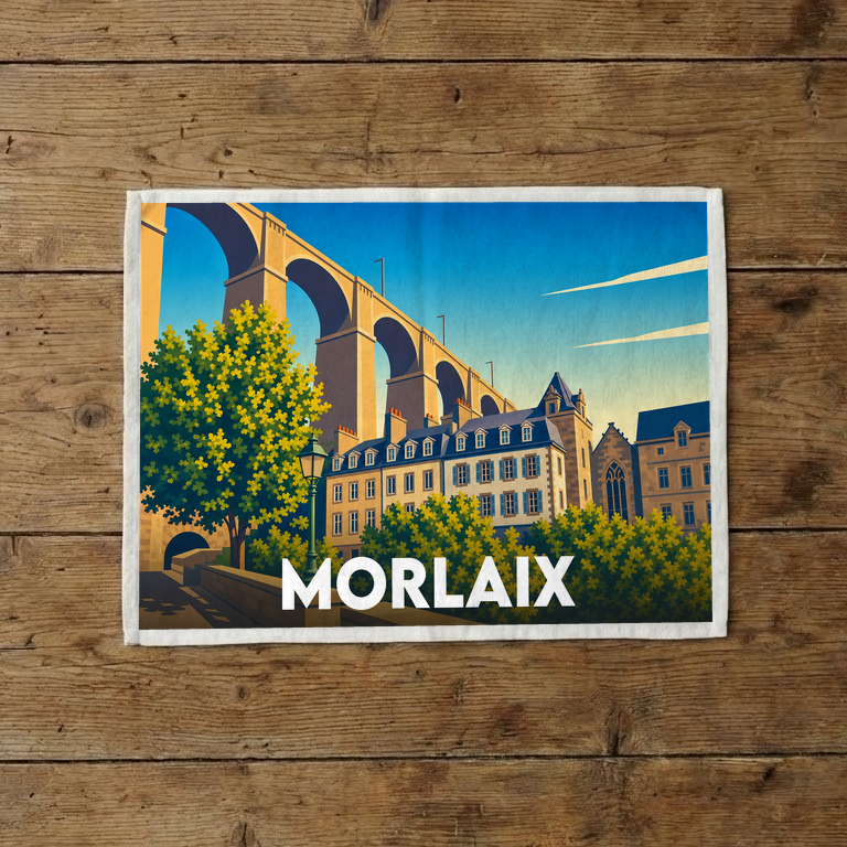 Torchon souvenir de la ville de Morlaix avec une illustration stylisée de son célèbre viaduc.