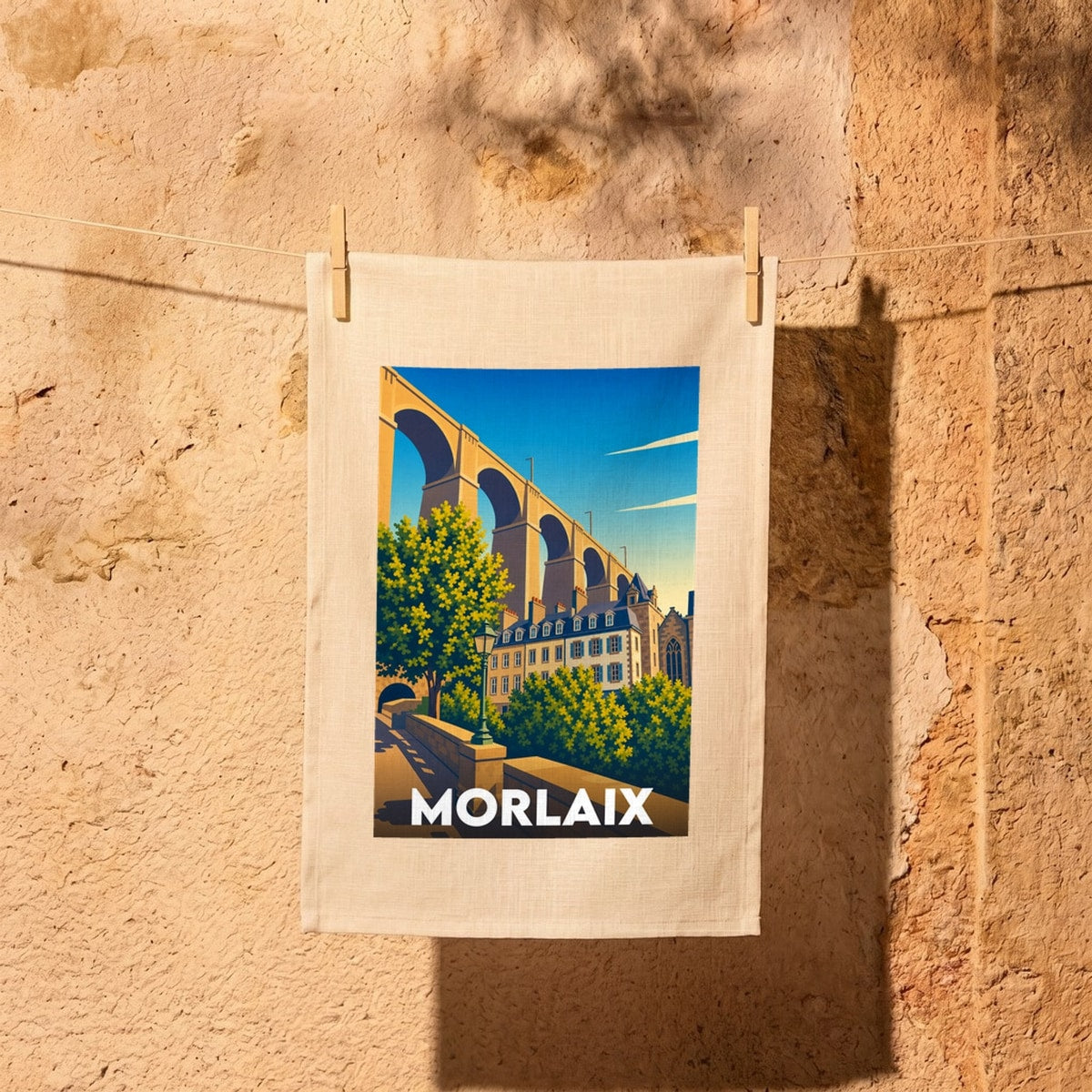 Torchon souvenir de la ville de Morlaix avec une illustration stylisée de son célèbre viaduc.