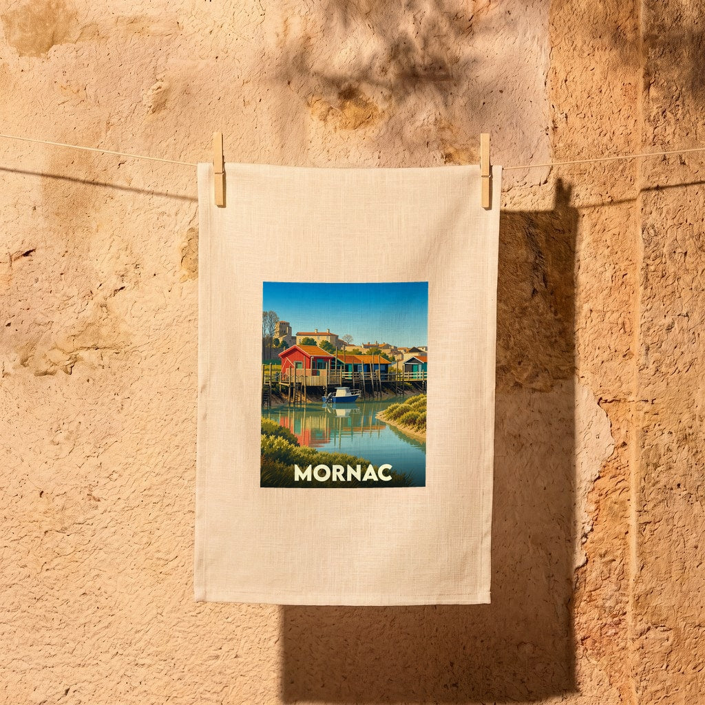 Torchon souvenir de la ville de Mornac orné d'une illustration stylisée de cabanes de pêcheurs colorées au bord de l'eau.