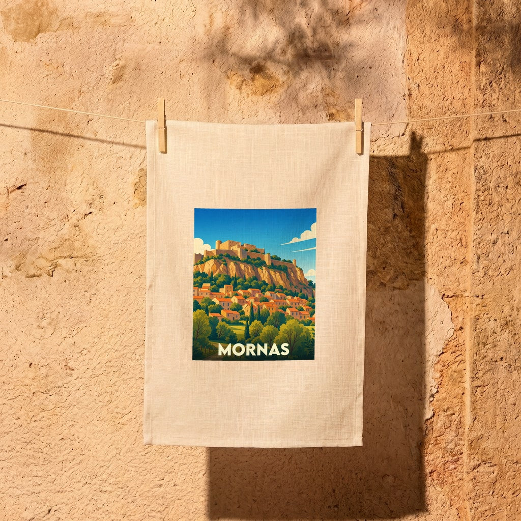 Torchon souvenir de la ville de Mornas avec une illustration stylisée d'un village provençal dominé par sa forteresse.