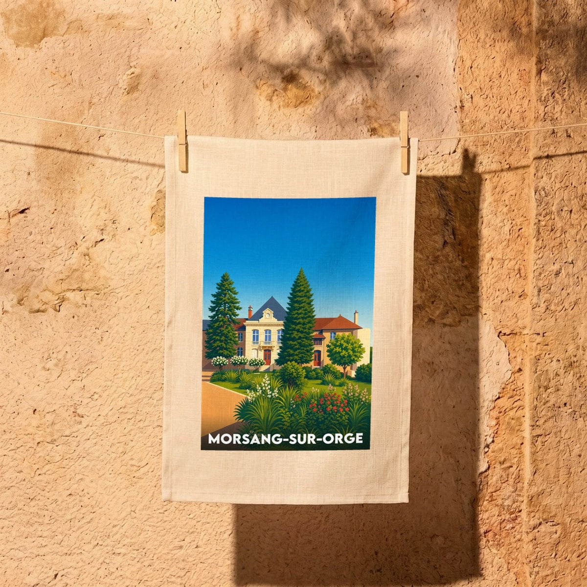 Torchon souvenir de la ville de Morsang-sur-Orge avec une illustration stylisée de son château.