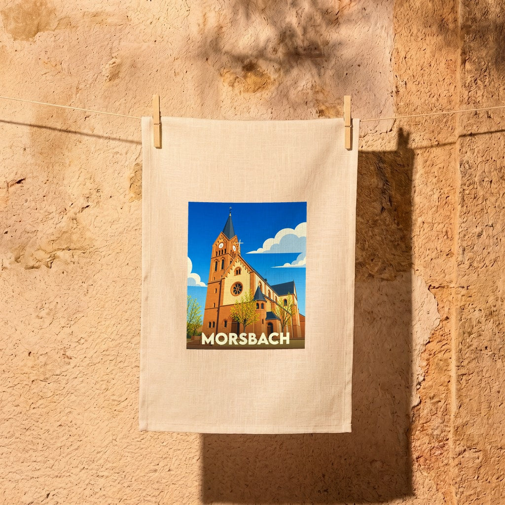 Torchon souvenir de la ville de Morsbach avec une illustration stylisée de son église.