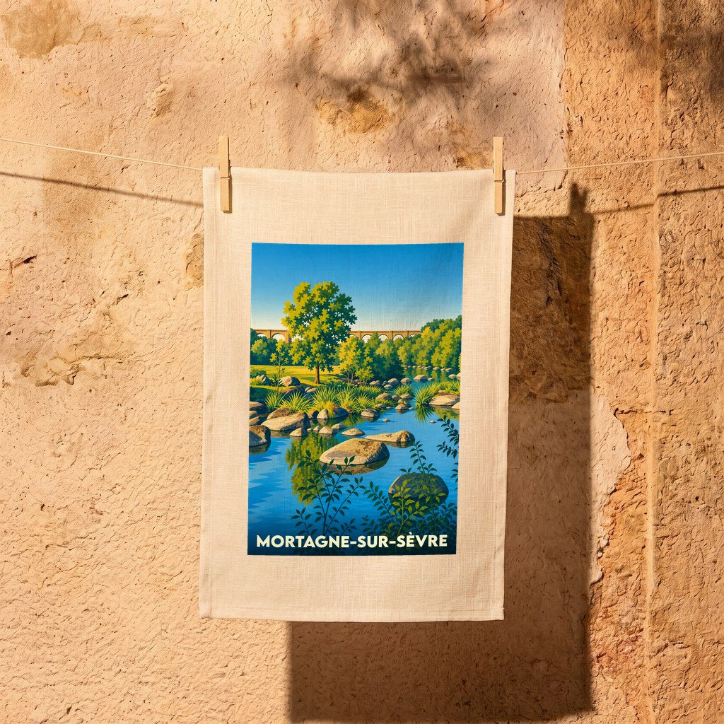 Torchon souvenir de la ville de Mortagne-sur-Sèvre illustré par un paysage de rivière stylisé.