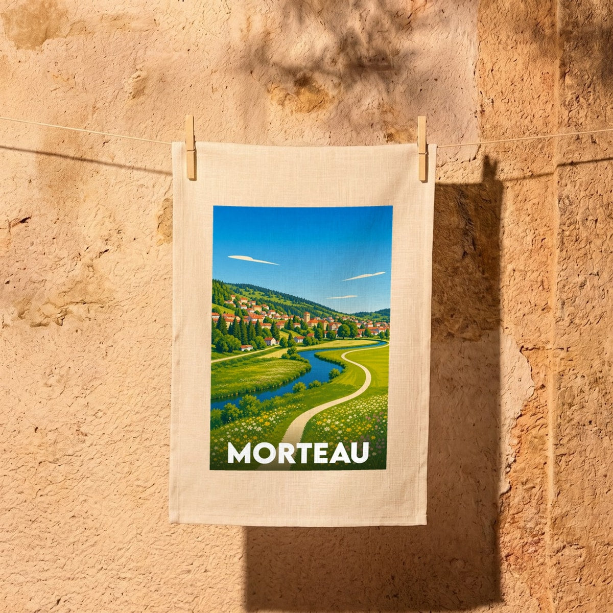 Torchon souvenir de la ville de Morteau orné d'une illustration stylisée de ses paysages et de son village.
