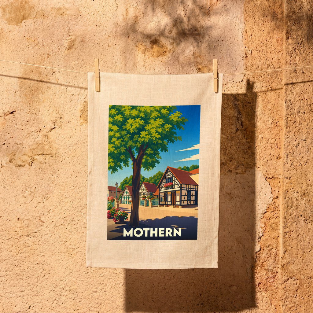 Torchon souvenir de la ville de Mothern avec une illustration stylisée de maisons à colombages.