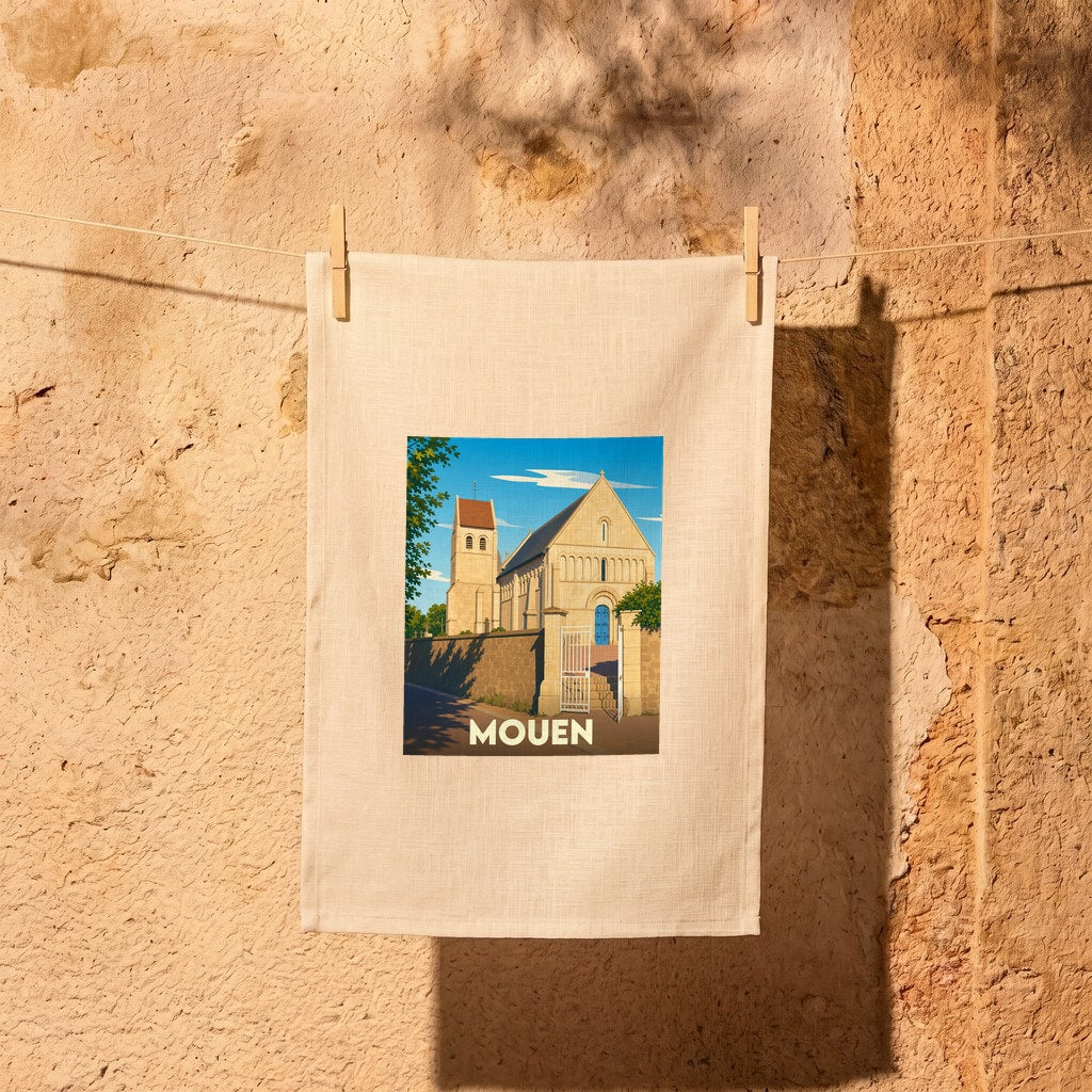 Torchon souvenir de la ville de Mouen avec une illustration stylisée de son église romane.