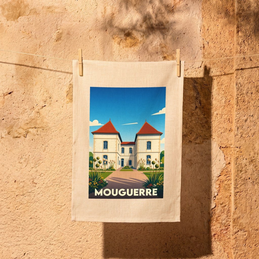 Torchon souvenir de la ville de Mouguerre avec une illustration stylisée de son patrimoine architectural.